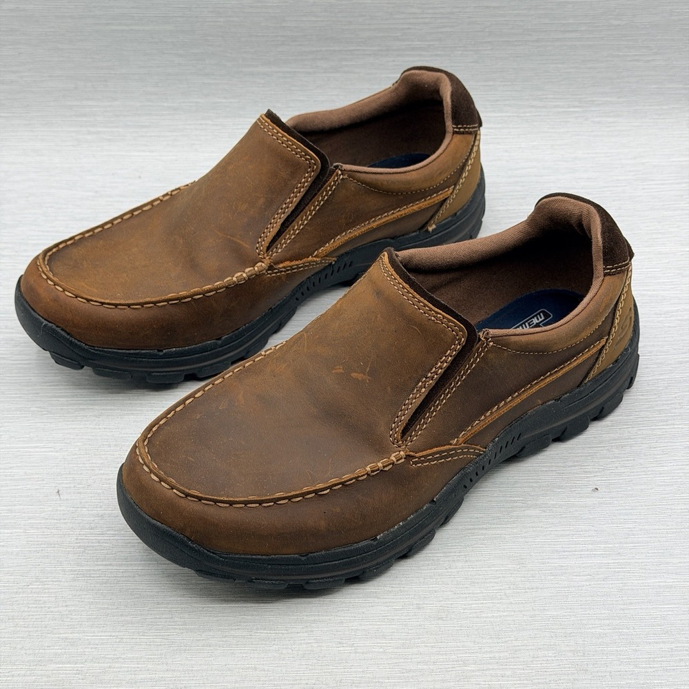 Skechers Men's 8 Wide Loafers Brown Leather Moc Toe Slip On Braver Rayland 64502